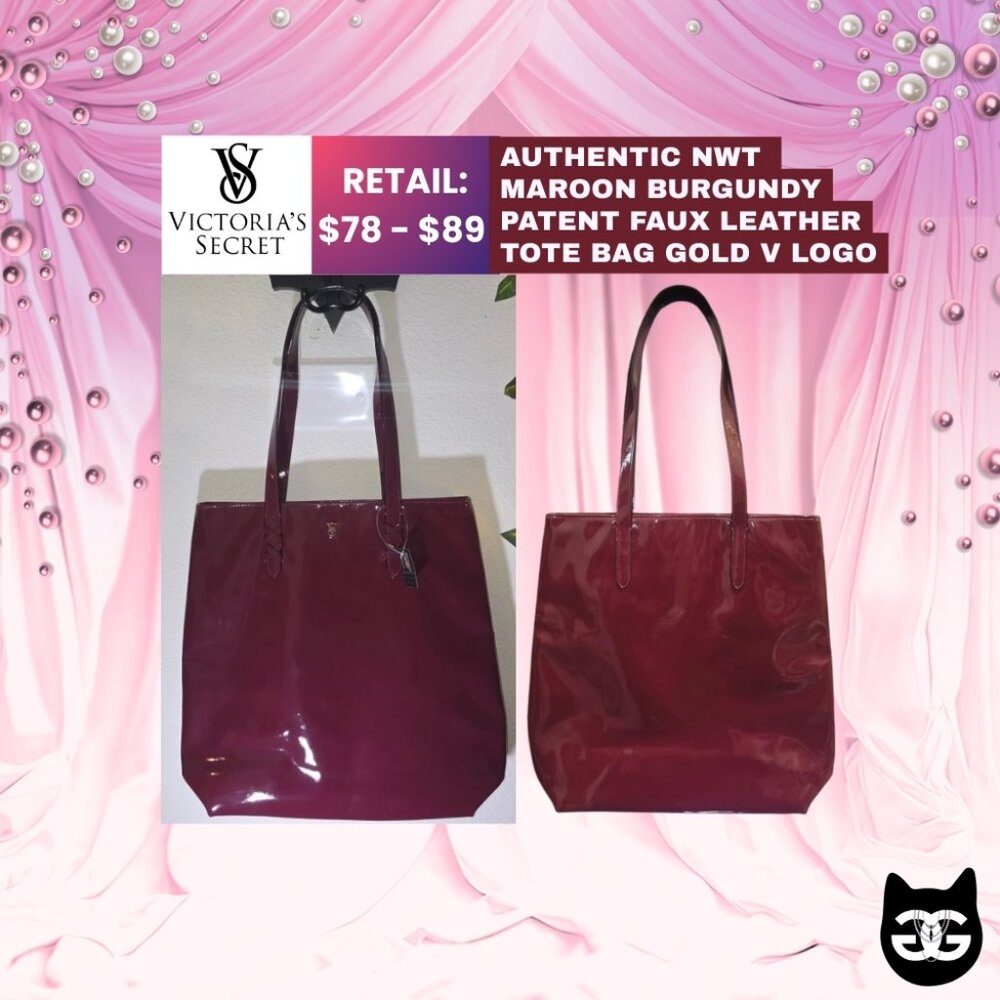 The Victoria's Secret Cherry Burgundy Patent Faux Leather Tote Bag Gold V NWT